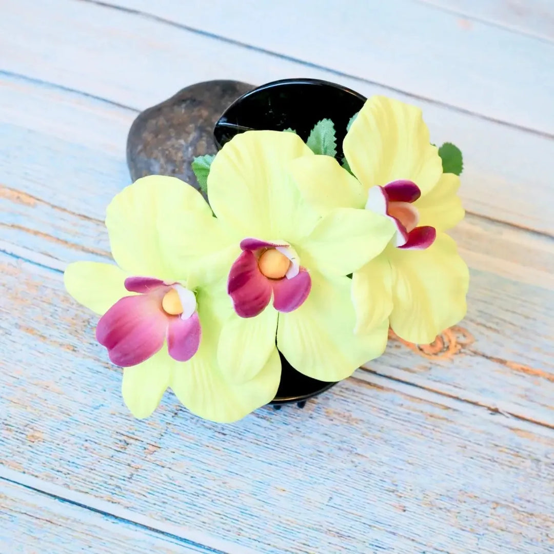 Green Happy Orchid Hawaiian Flower Hair Clamp - Made in Hawaii