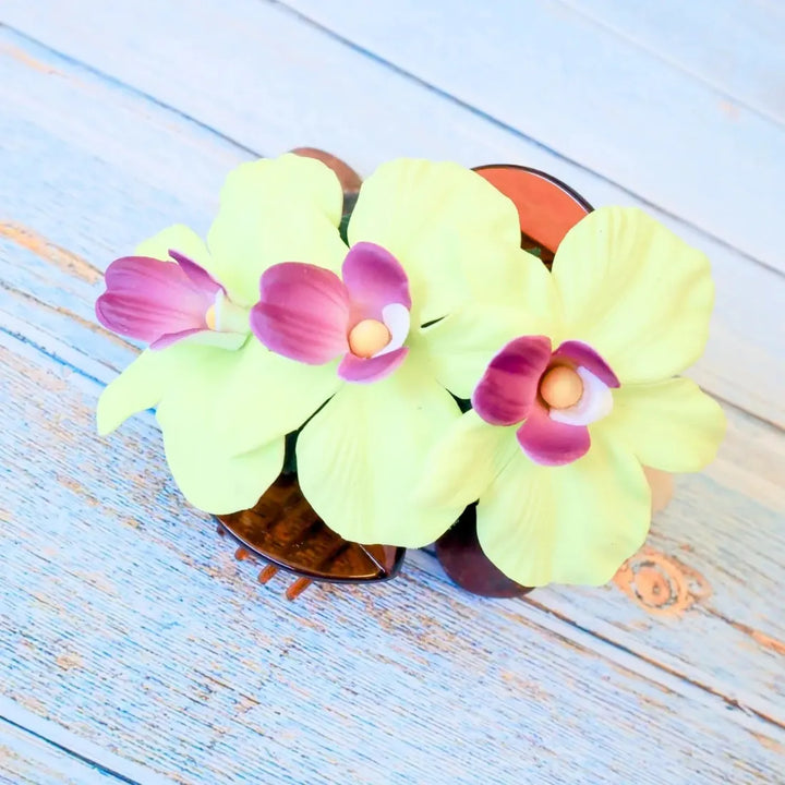 Green Happy Orchid Hawaiian Flower Hair Clamp - Made in Hawaii