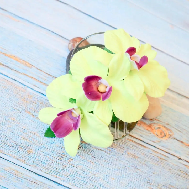 Green Happy Orchid Hawaiian Flower Hair Clamp - Made in Hawaii