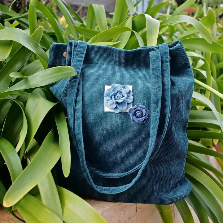 Green Maile Denim Floral Corduroy Tote Bag - Made in Hawaii