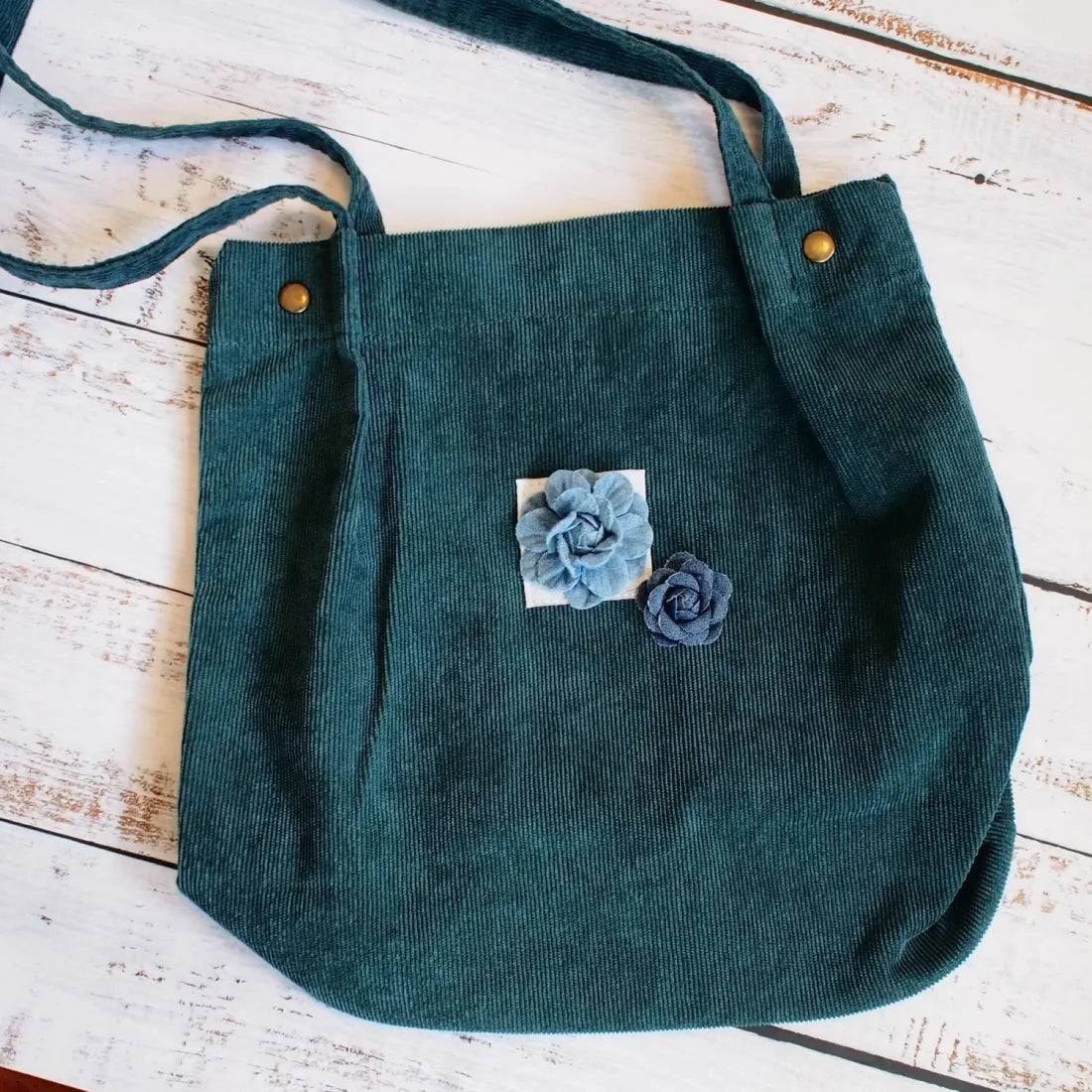 Green Maile Denim Floral Corduroy Tote Bag - Made In Hawaii