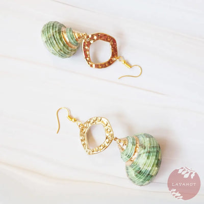 Green Turbo Seashell Golden Ring Drop Earrings - Made In Hawaii