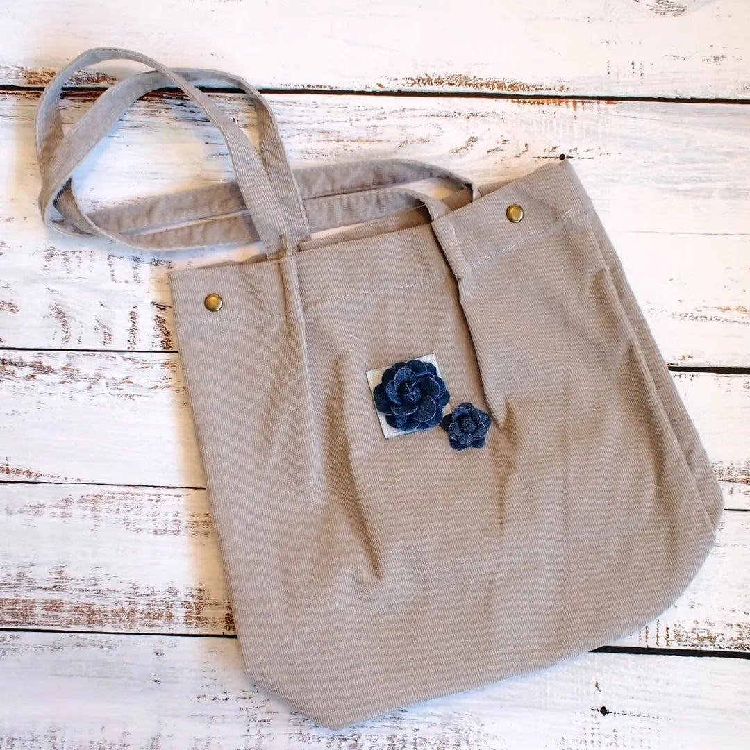 Grey Maile Denim Floral Corduroy Tote Bag - Made in Hawaii