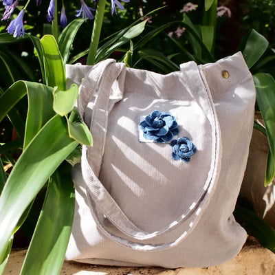 Grey Maile Denim Floral Corduroy Tote Bag - Made In Hawaii