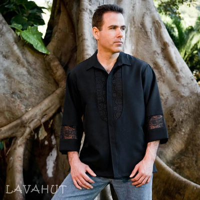 Guayabera Inspired Black Three - quarter Sleeve Hawaiian Shirt - Made In Hawaii