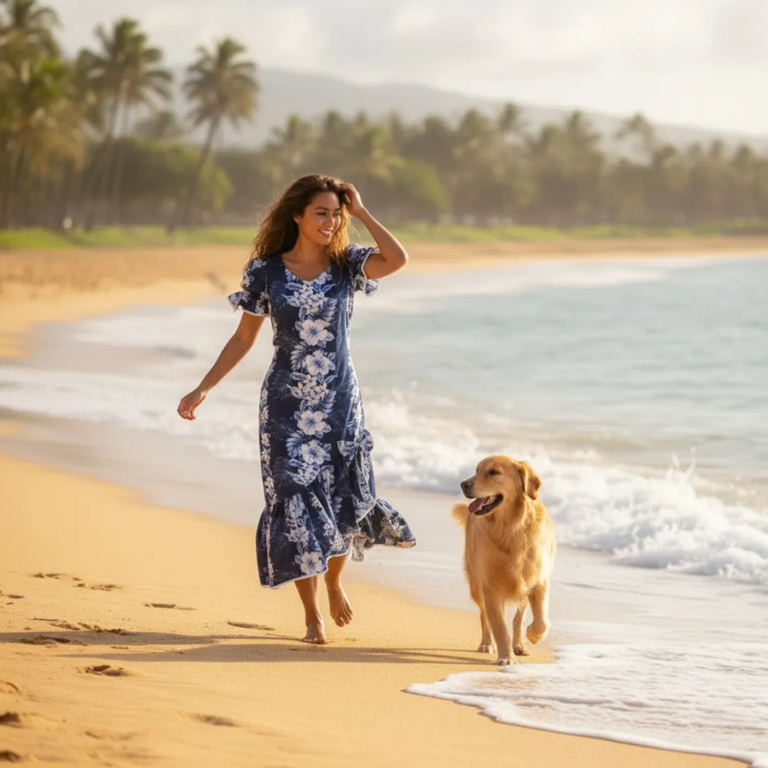 Hanalei Blue Makani Hawaiian Muumuu Dress - Made in Hawaii