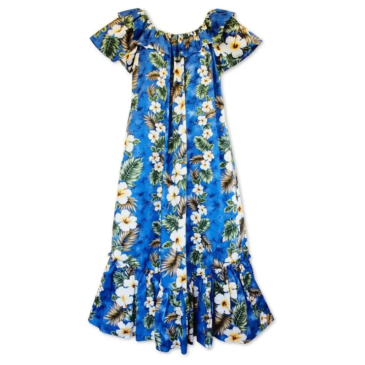 Hanauma Blue Long Ruffle Hawaiian Muumuu Dress Made in Hawaii