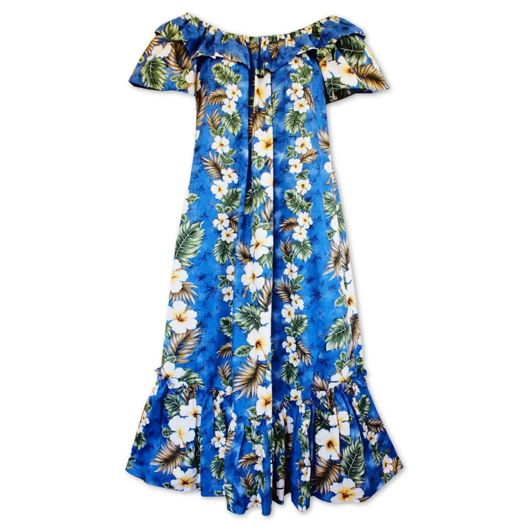 Hanauma Blue Long Ruffle Hawaiian Muumuu Dress - Made in Hawaii