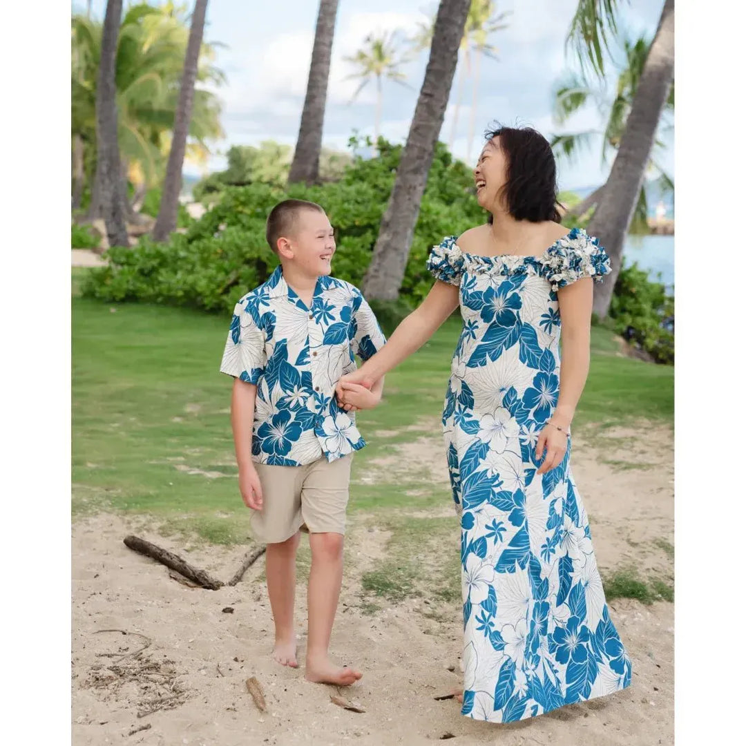 Haven Blue Leilani Hawaiian Muumuu Dress with Sleeves S / Blue Haven Blue Leilani Hawaiian Muumuu Dress with Sleeves S / Blue