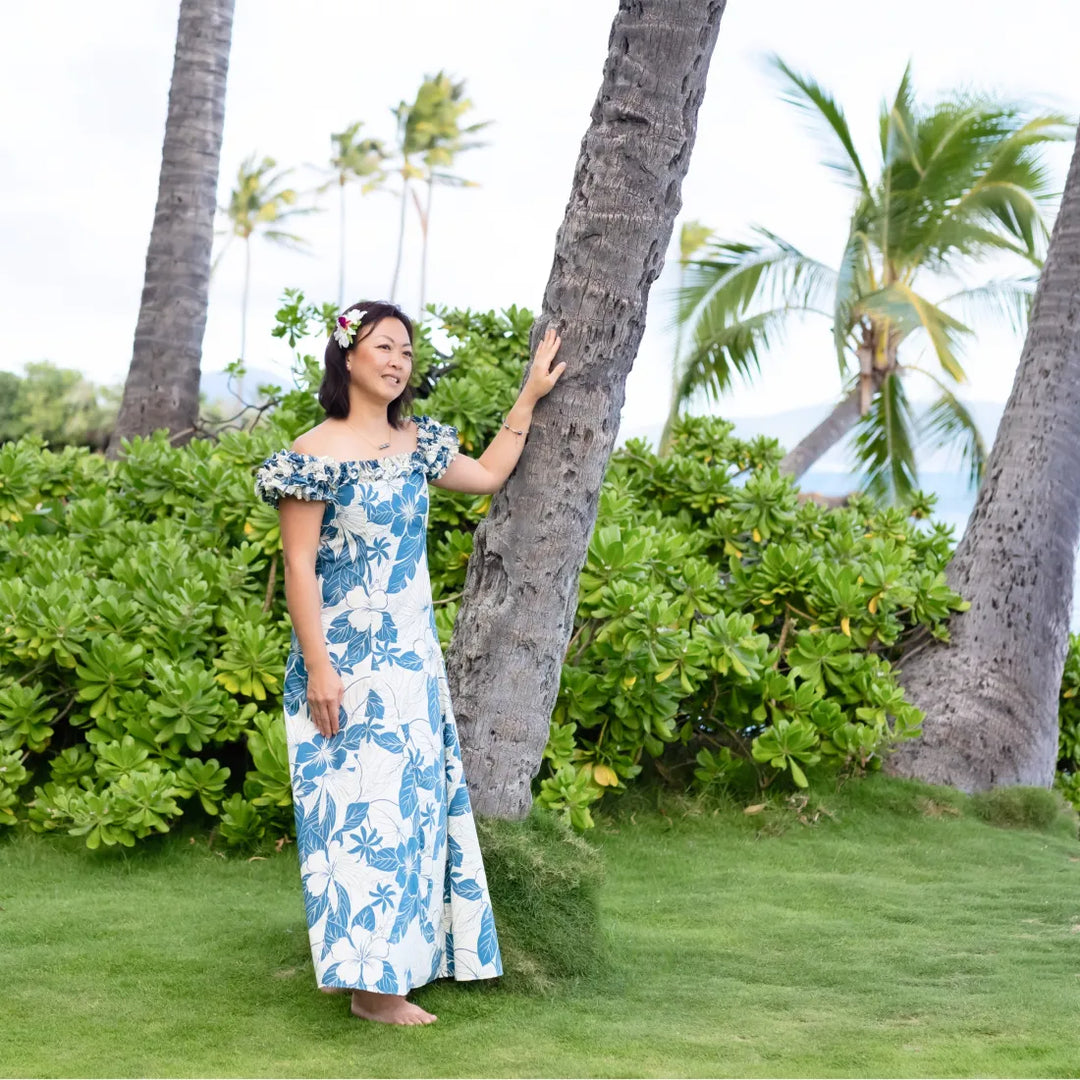 Haven Blue Leilani Hawaiian Muumuu Dress with Ruffled Cap Sleeves and Square Neckline Lavahut