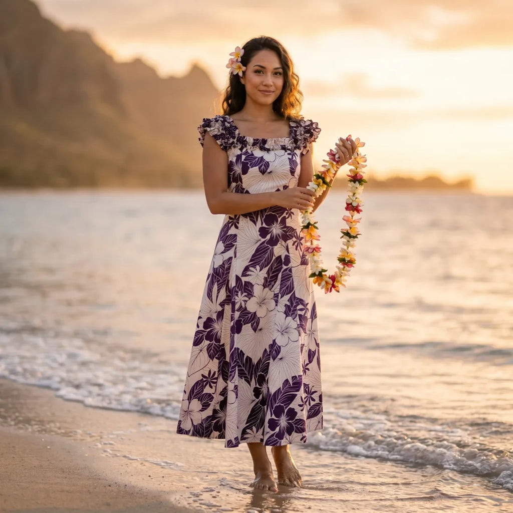 M〜Lサイズ　ホロクウ　イリマレイ　パフスリーブ　hula ハワイ　ワンピース Haven Purple Leilani Hawaiian Muumuu Dress Online – Lavahut