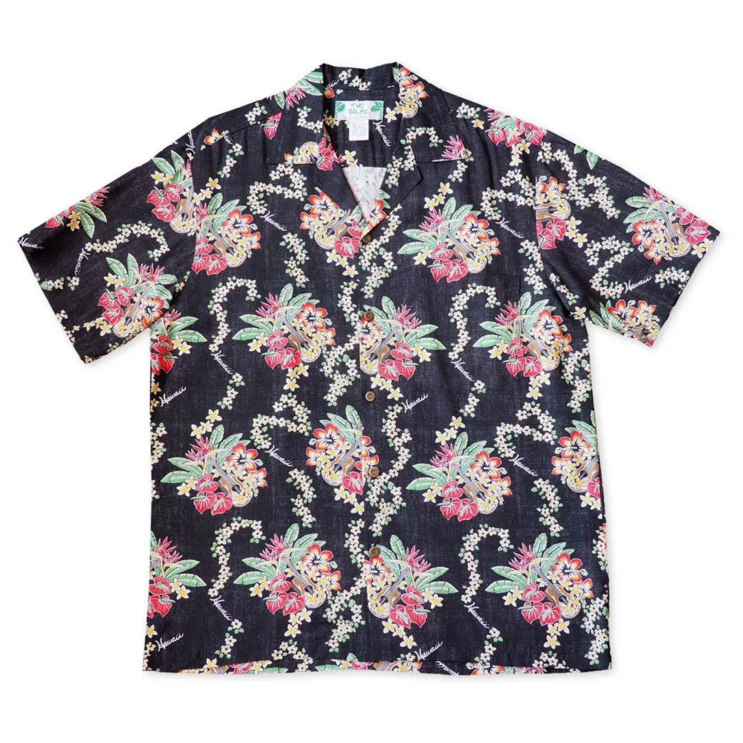 Hawaii Lei Black Hawaiian Rayon Shirt - Made in Hawaii