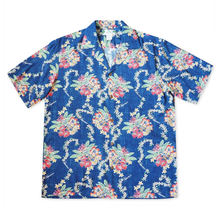 Hawaii Lei Blue Hawaiian Rayon Shirt - Made in Hawaii