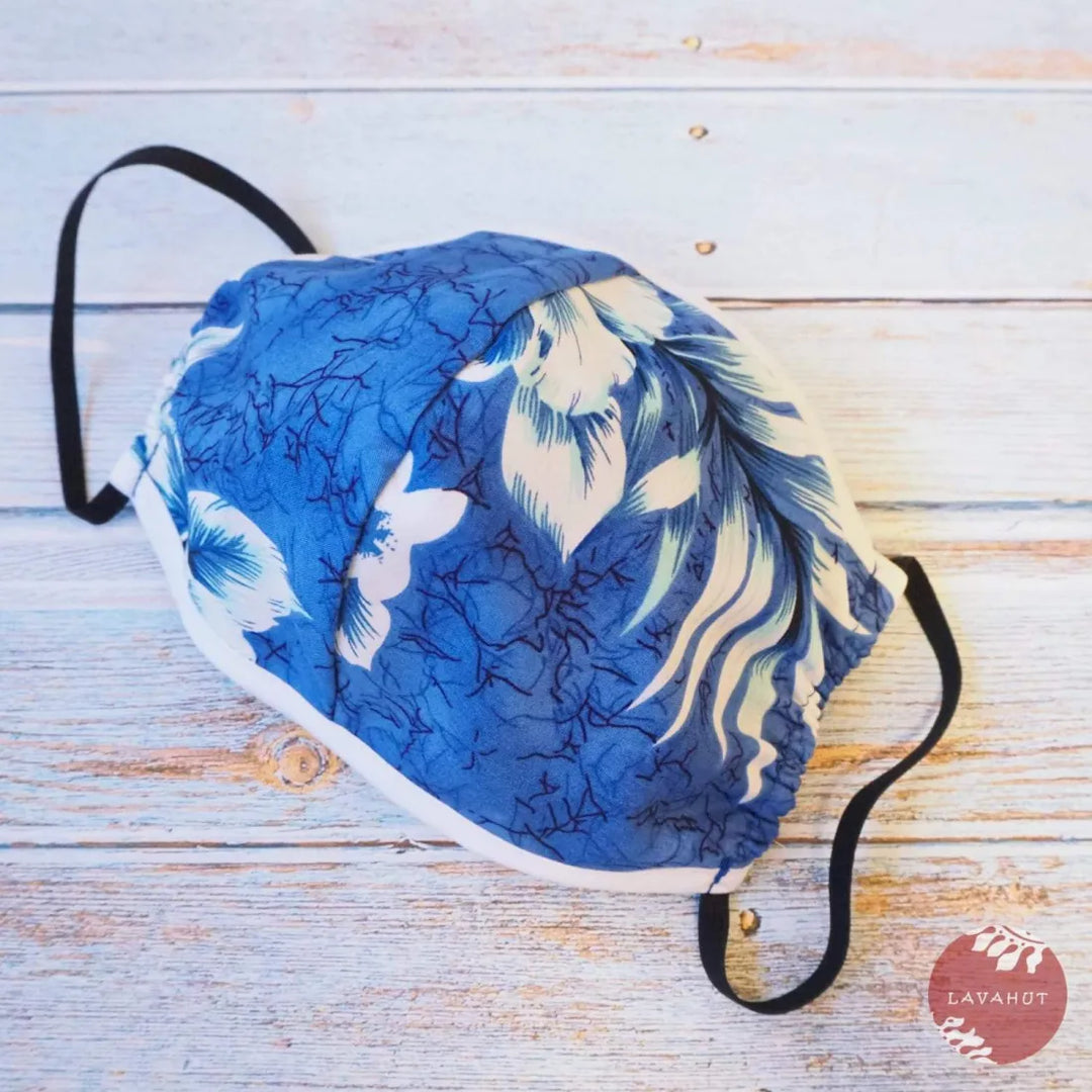 Hawaiian Face Mask ?? Blue Flower Power + Trim - Made in Hawaii