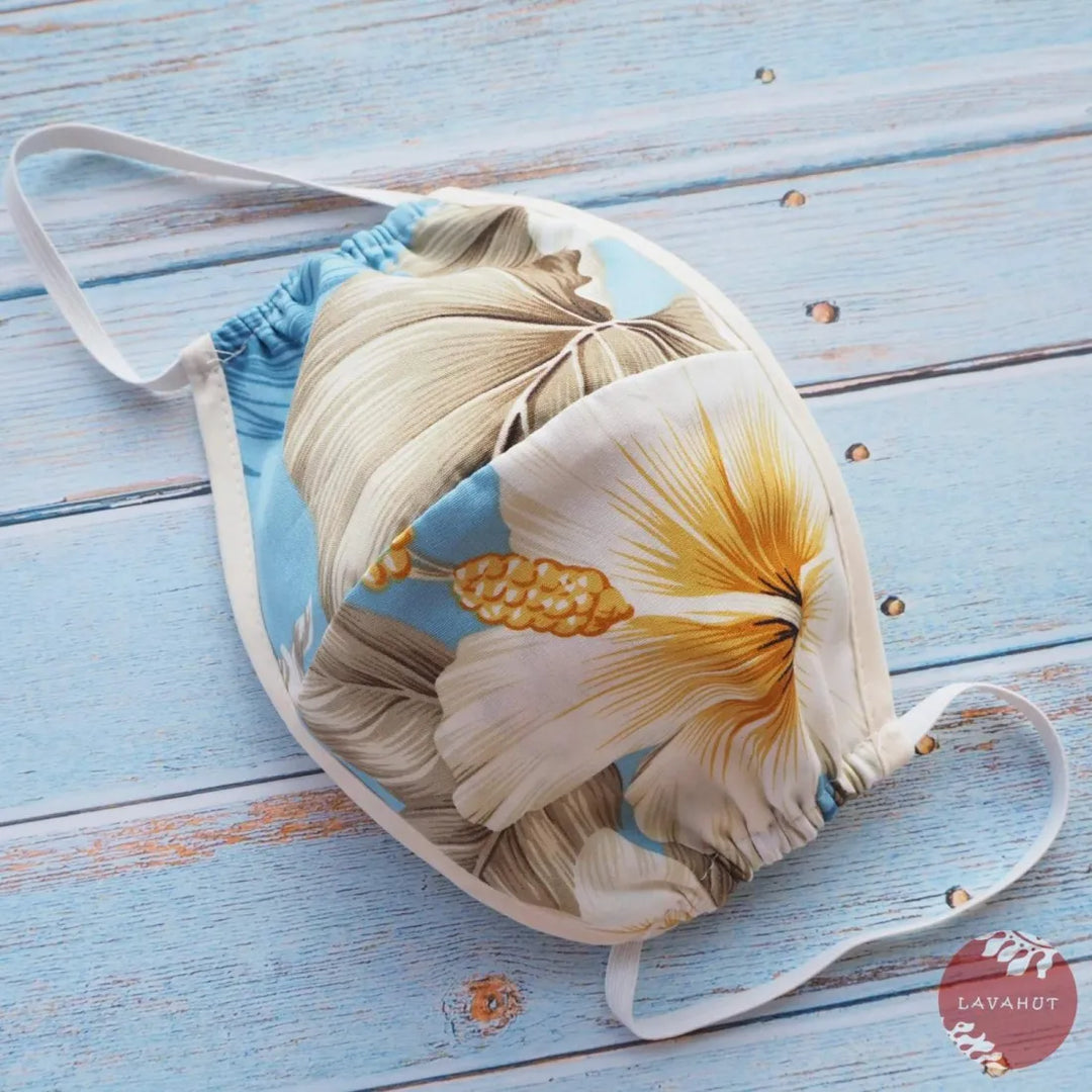 Hawaiian Face Mask • Blue Hibiscus Joy + Trim - Made in Hawaii