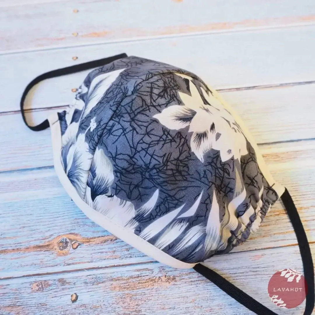 Hawaiian Face Mask • Grey Flower Power + Trim - Made in Hawaii