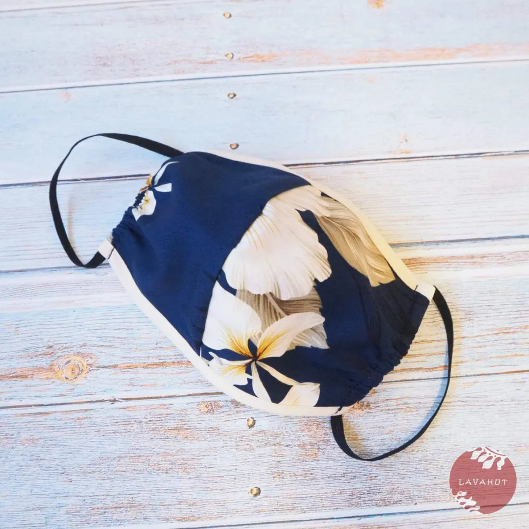 Hawaiian Face Mask ?? Navy Hibiscus Joy + Trim - Made in Hawaii