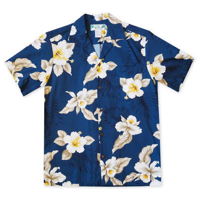 Hibiscus Joy Navy Hawaiian Cotton Shirt