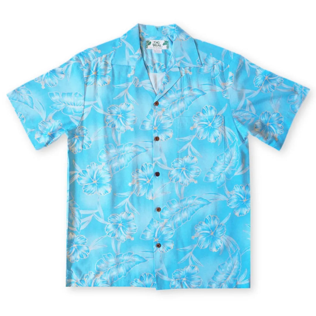 Hibiscus Hideaway Blue Hawaiian Rayon Shirt - Made in Hawaii