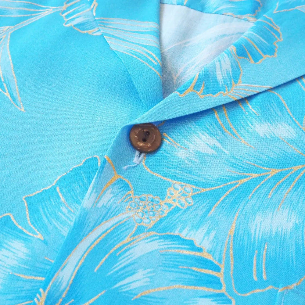 Hibiscus Hideaway Blue Hawaiian Rayon Shirt - Made in Hawaii