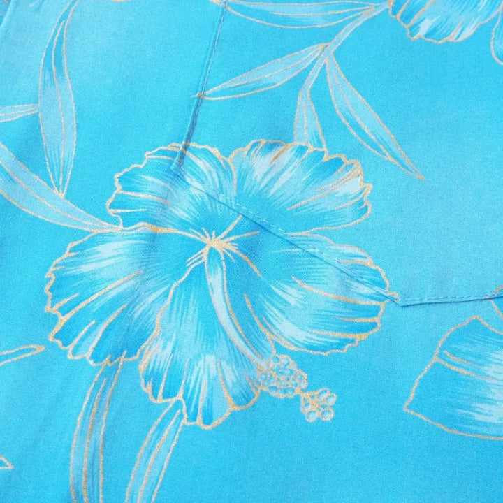 Hibiscus Hideaway Blue Hawaiian Rayon Shirt - Made in Hawaii