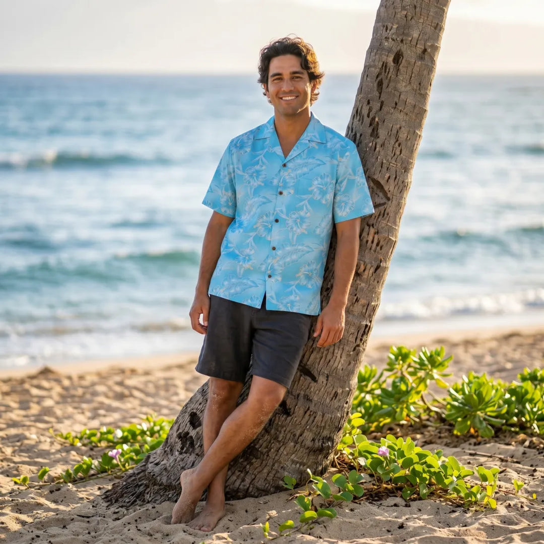 Hibiscus Hideaway Blue Hawaiian Rayon Shirt - Made in Hawaii