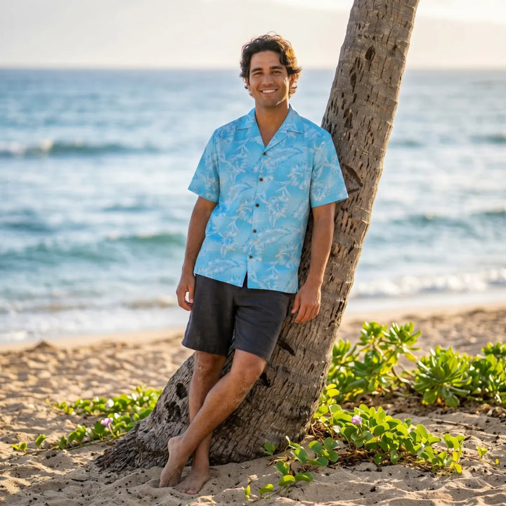 Hibiscus Hideaway Blue Hawaiian Rayon Shirt - Made in Hawaii