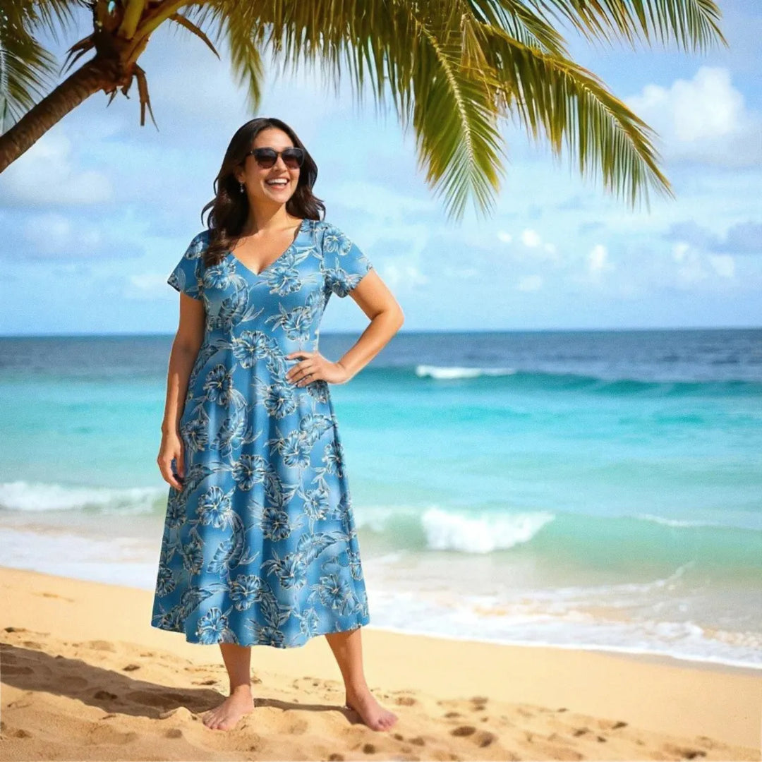 Hibiscus Hideaway Grey Nalani Hawaiian Dress - Made in Hawaii