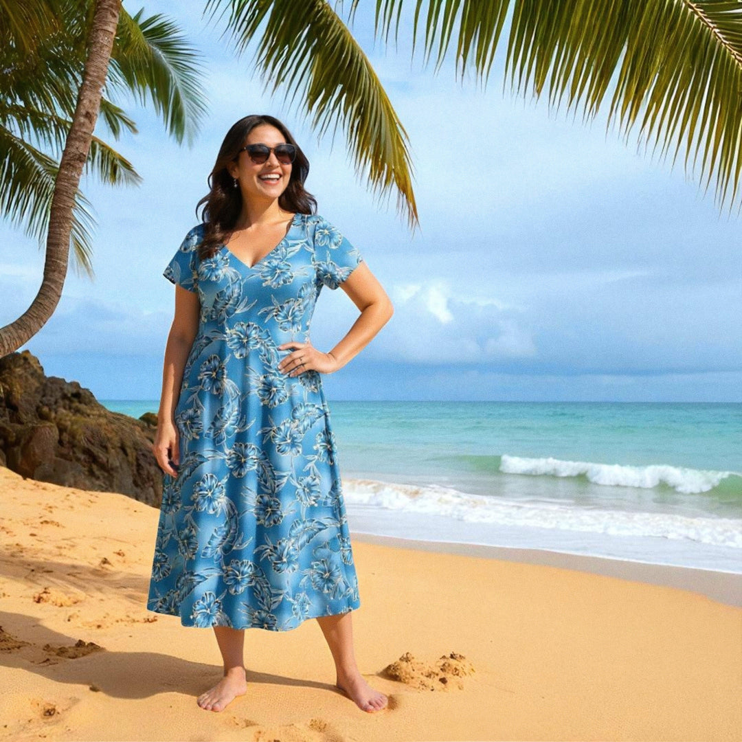 Hibiscus Hideaway Grey Nalani Hawaiian Dress - Made in Hawaii