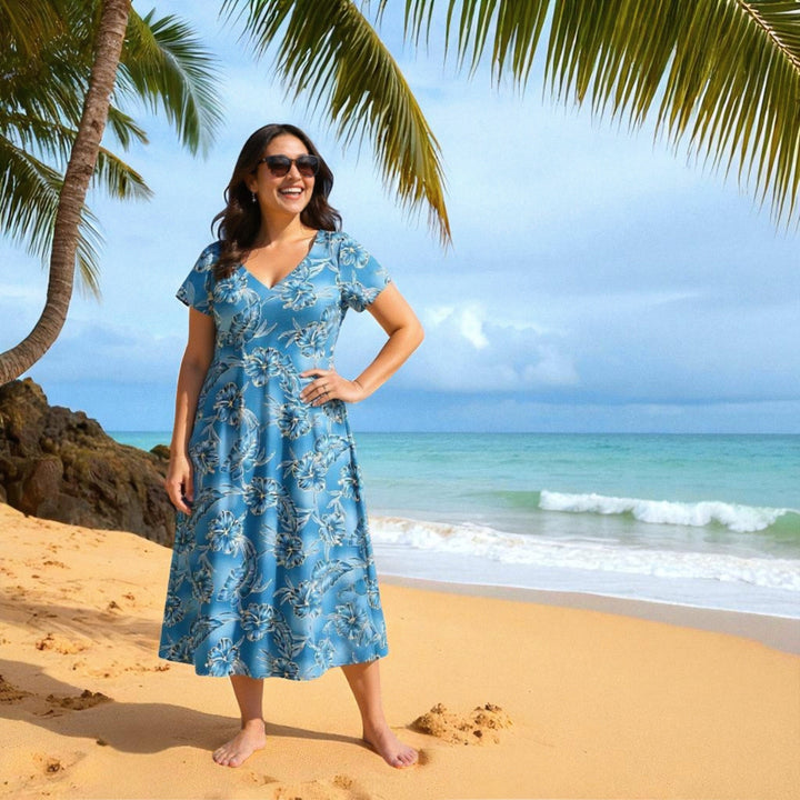 Hibiscus Hideaway Grey Nalani Hawaiian Dress - Made in Hawaii