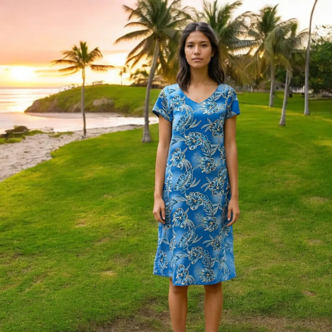 Hibiscus Hideaway Grey Nalani Hawaiian Dress - Made in Hawaii