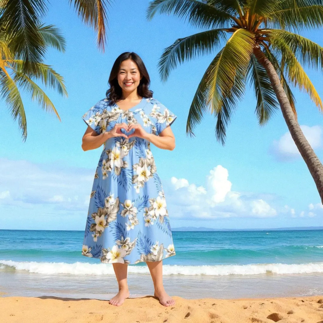 Hibiscus Joy Blue Cotton Hawaiian Tea Muumuu Dress - Made in Hawaii