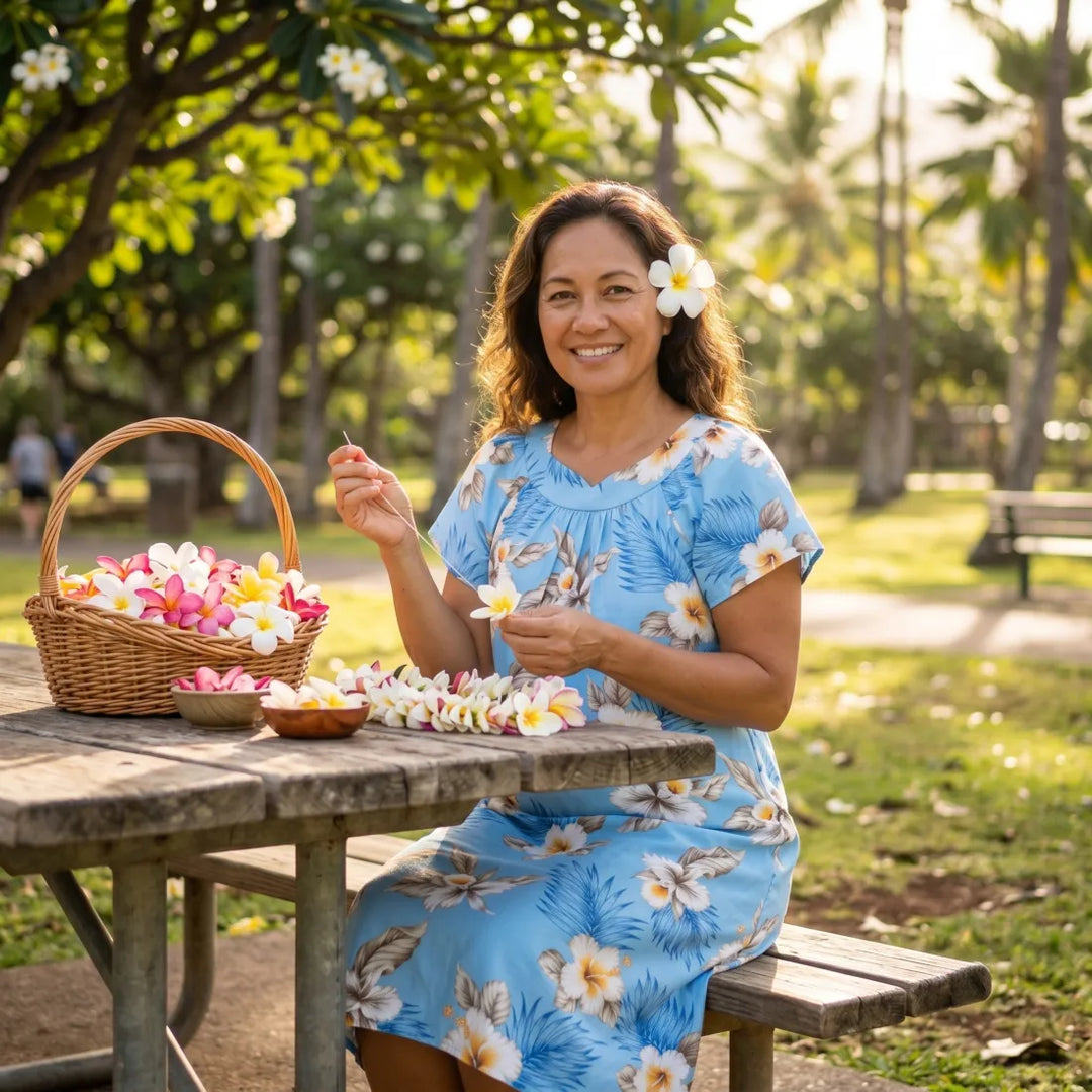 Hibiscus Joy Blue Cotton Hawaiian Tea Muumuu Dress - Made in Hawaii