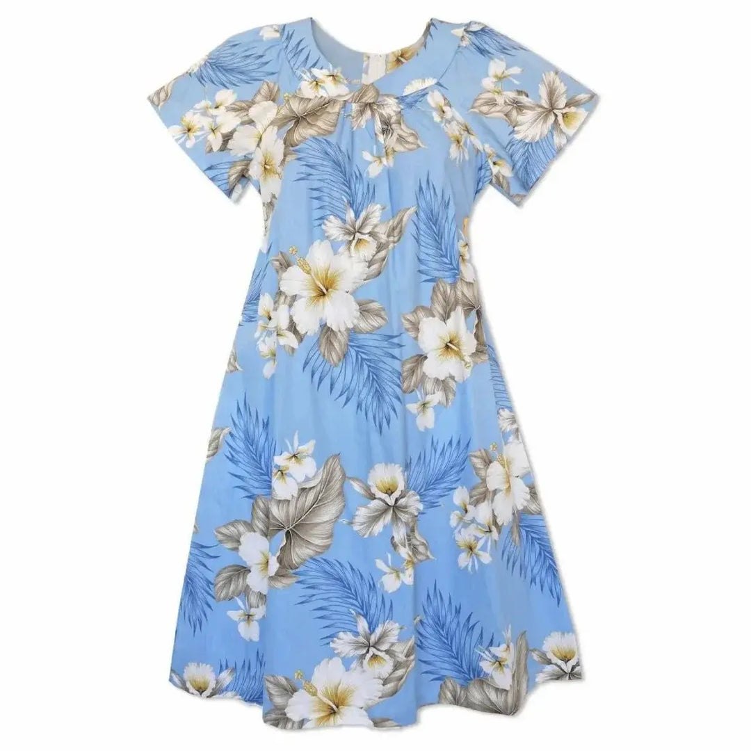 Hibiscus Joy Blue Cotton Hawaiian Tea Muumuu Dress - Made in Hawaii