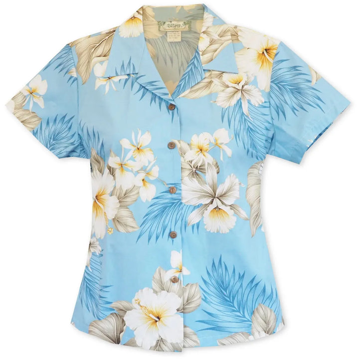 Hibiscus Joy Blue Lady’s Hawaiian Cotton Blouse - Made in Hawaii