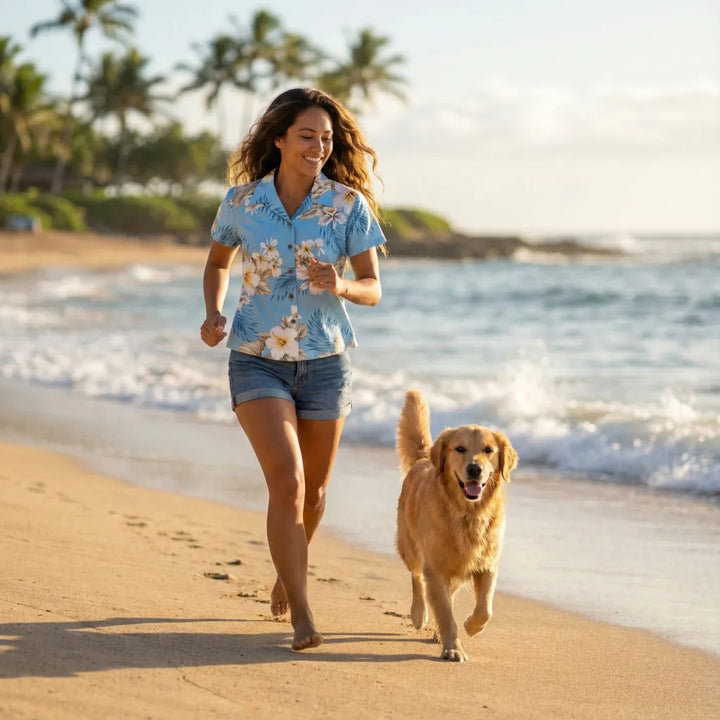 Hibiscus Joy Blue Women’s Hawaiian Cotton Shirt - Made in Hawaii