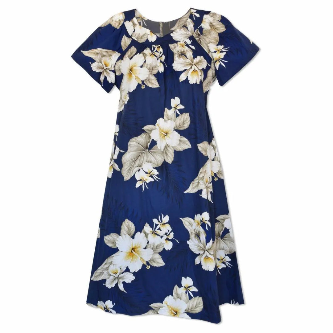 Hibiscus Joy Navy Cotton Hawaiian Tea Muumuu Dress - Made in Hawaii