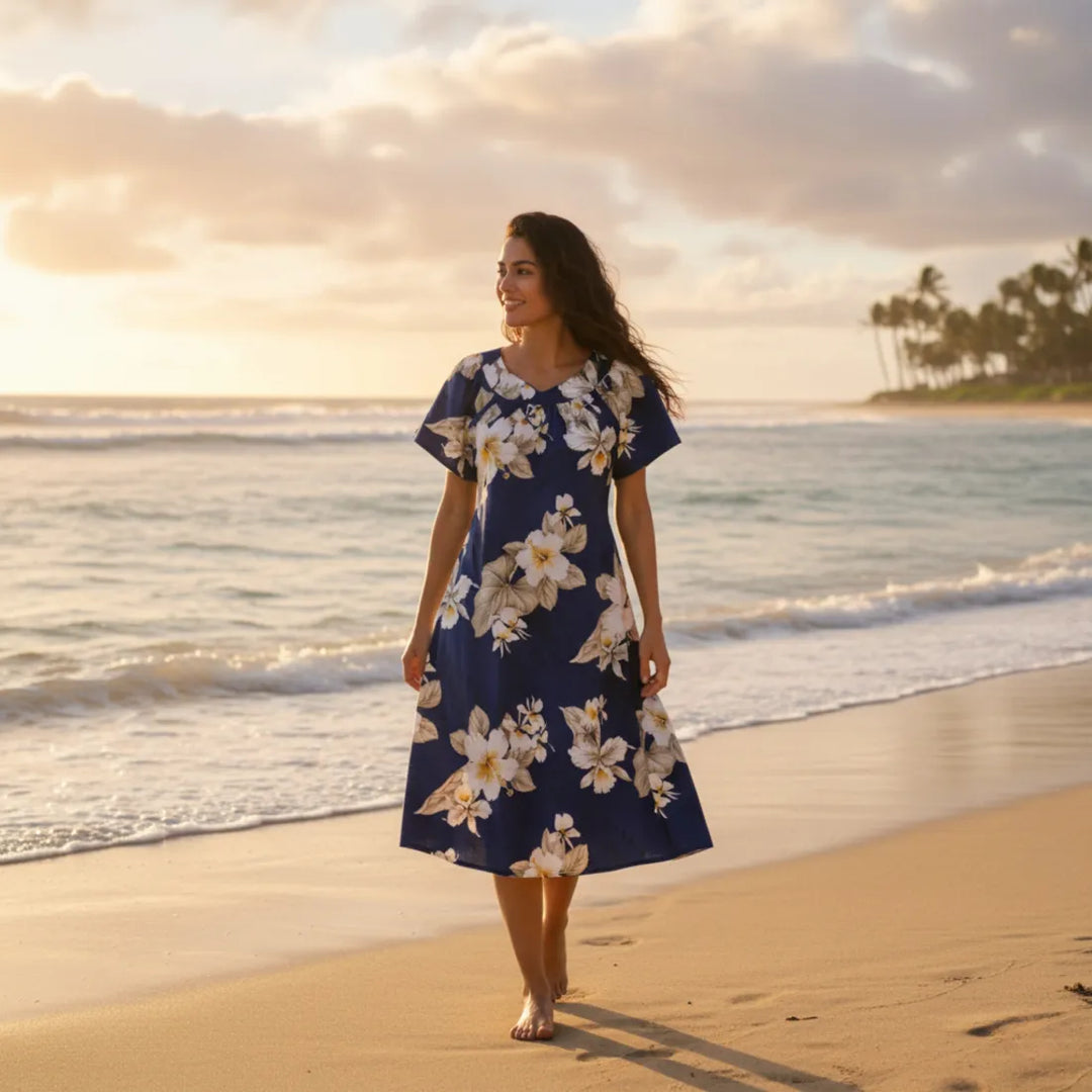 Hibiscus Joy Navy Tea Muumuu Dress for Comfort 2XL / Navy Hibiscus Joy Navy Tea Muumuu Dress for Comfort 2XL / Navy