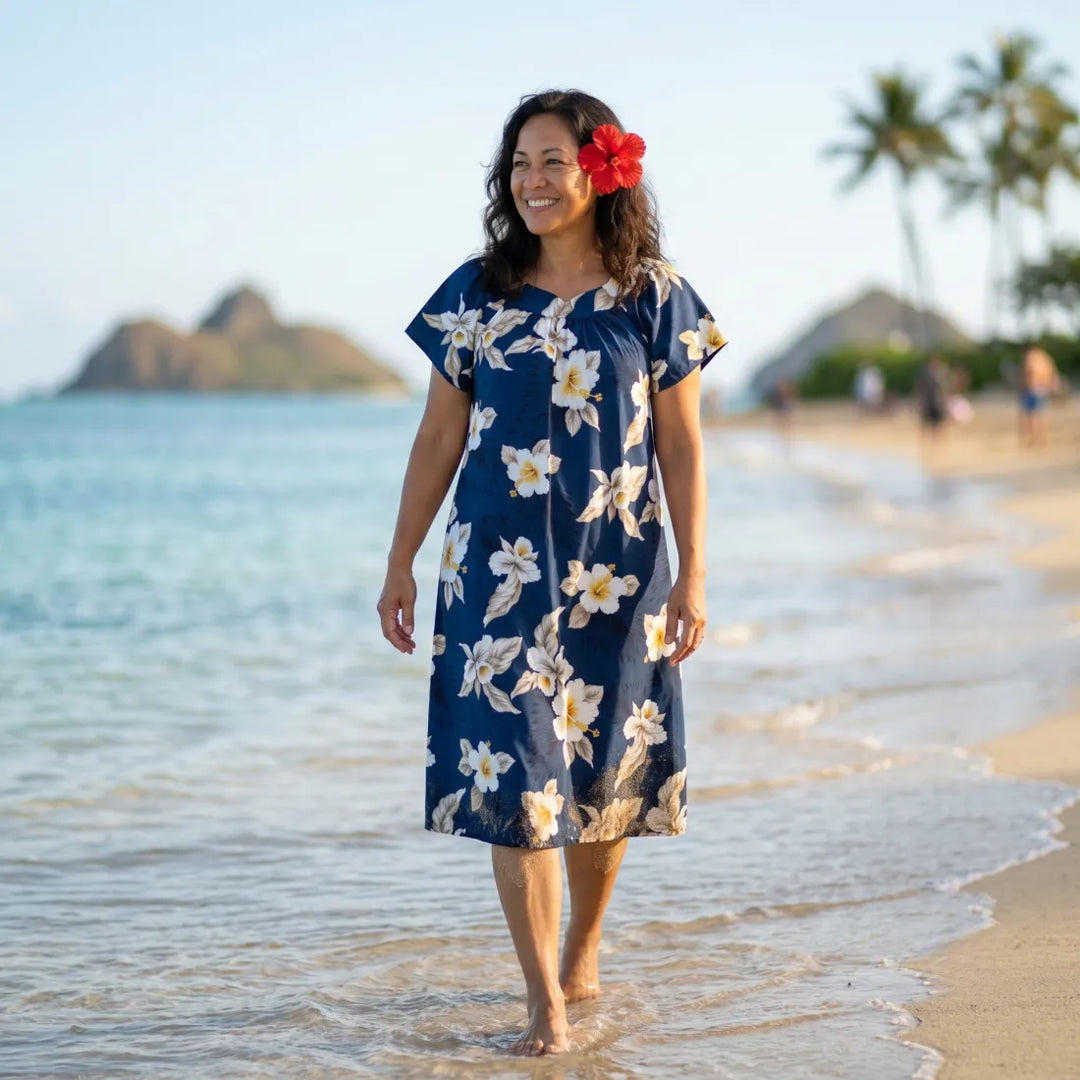Hibiscus Joy Navy Cotton Hawaiian Tea Muumuu Dress - Made in Hawaii