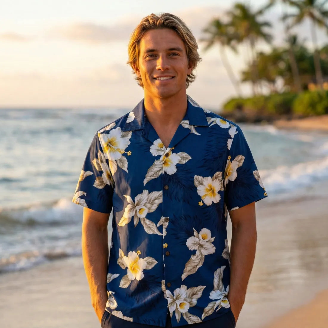 Hibiscus Joy Navy Hawaiian Cotton Shirt - Made in Hawaii