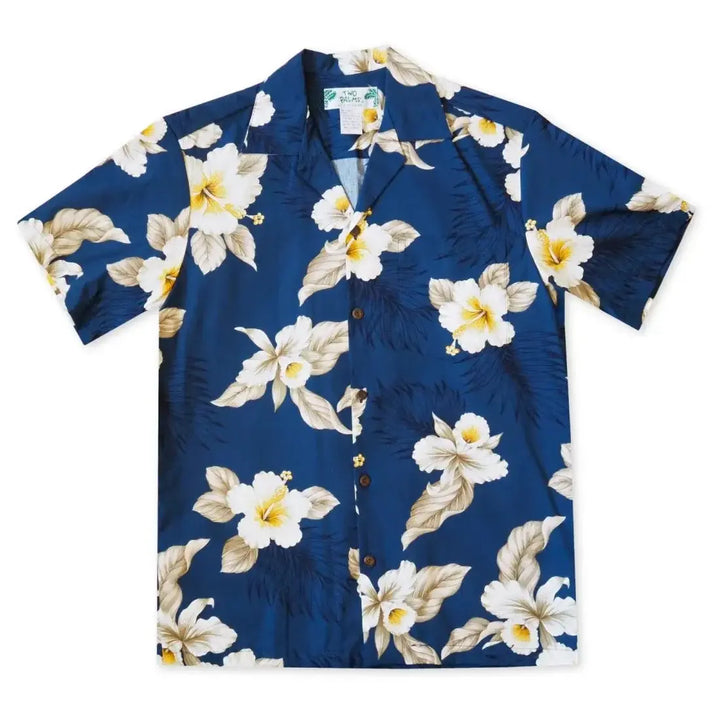 Hibiscus Joy Navy Hawaiian Cotton Shirt Made in Hawaii
