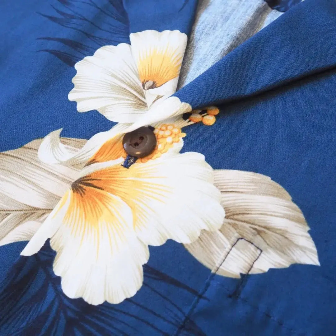 Hibiscus Joy Navy Hawaiian Cotton Shirt Made in Hawaii