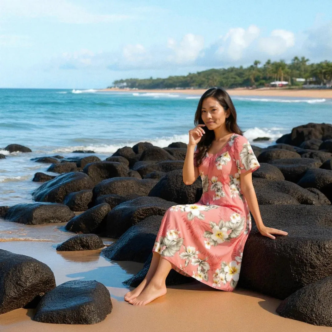 Hibiscus Joy Pink Cotton Hawaiian Tea Muumuu Dress - Made in Hawaii