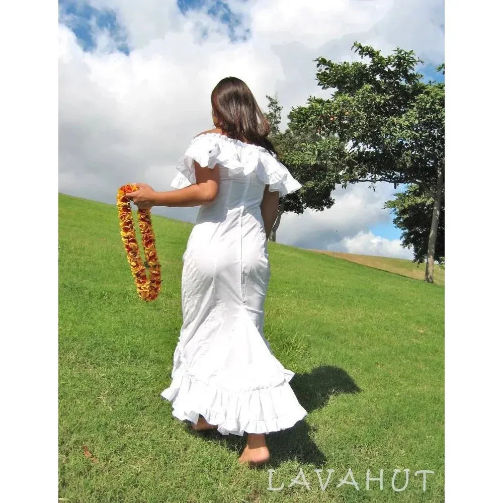Hoaloha Hawaiian Wedding Dress in Traditional Holoku Style XL / White Hoaloha Hawaiian Wedding Dress in Traditional Holoku Style XL / White