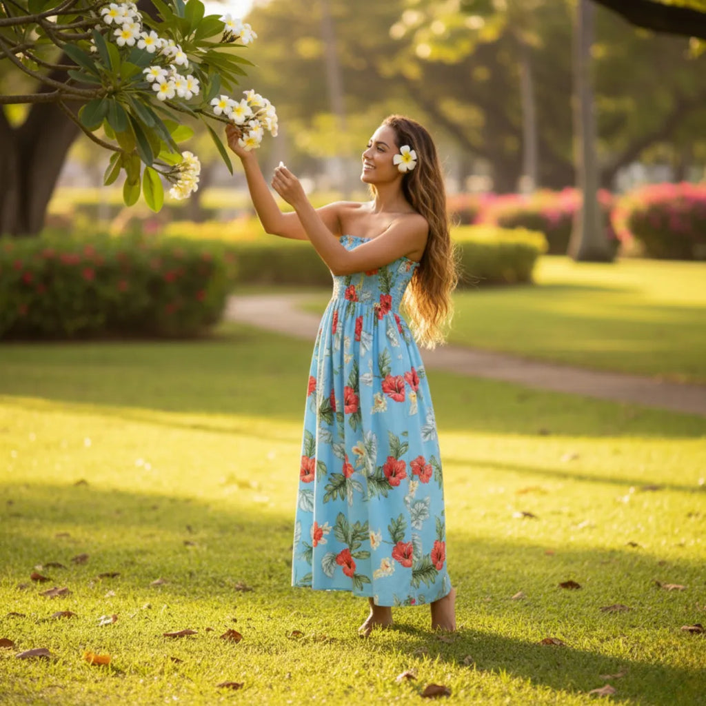 Honeymoon Blue Maxi Hawaiian Dress for Effortless Elegance