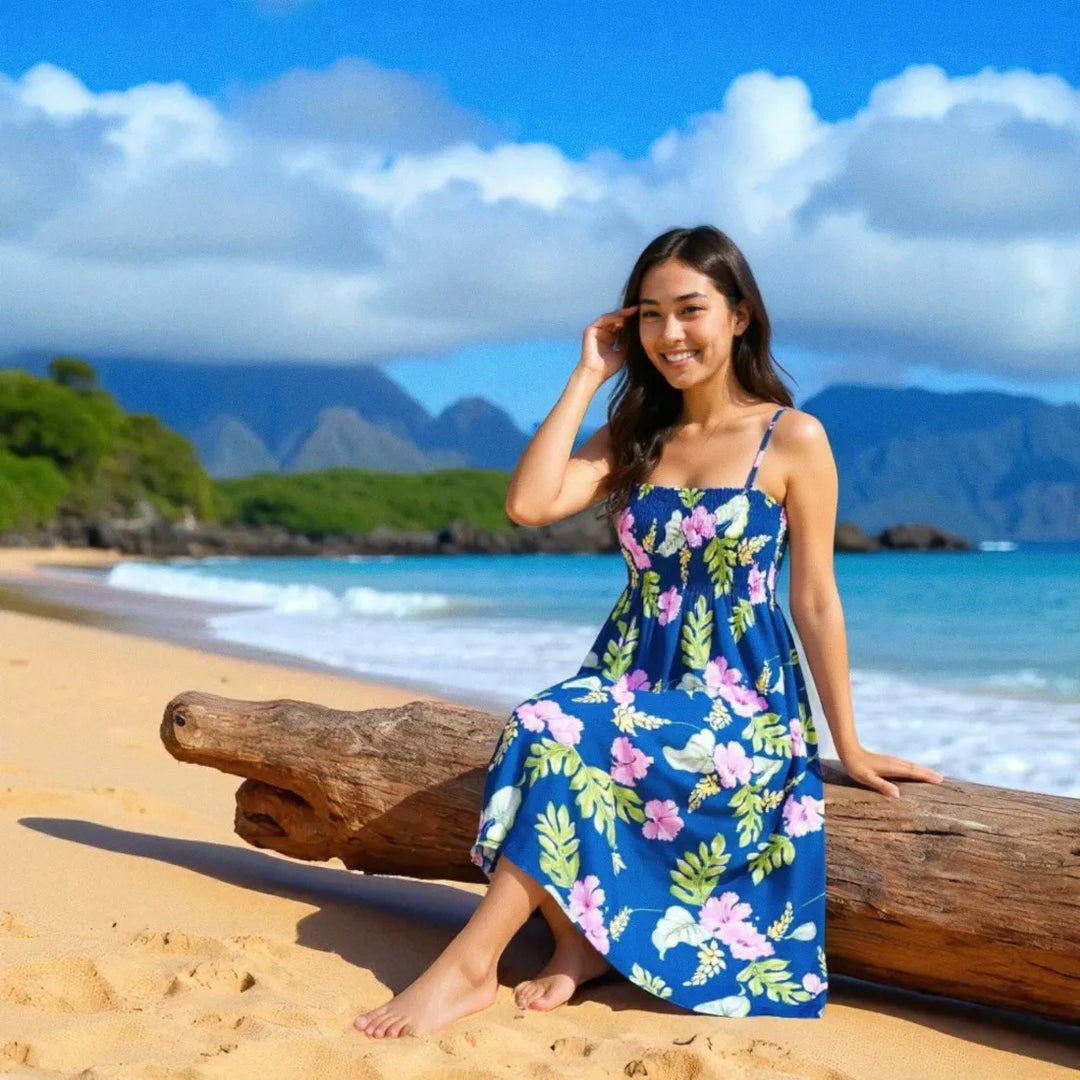 Honeymoon Royal Blue Maxi Hawaiian Dress with Hibiscus Honeymoon Royal Blue Maxi Hawaiian Dress with Hibiscus