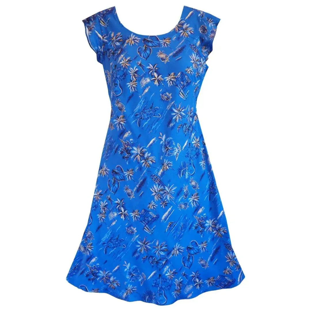 Blue XOXO Hawaiian Dress in Honolulu Fabric Design M / Blue Blue XOXO Hawaiian Dress in Honolulu Fabric Design M / Blue