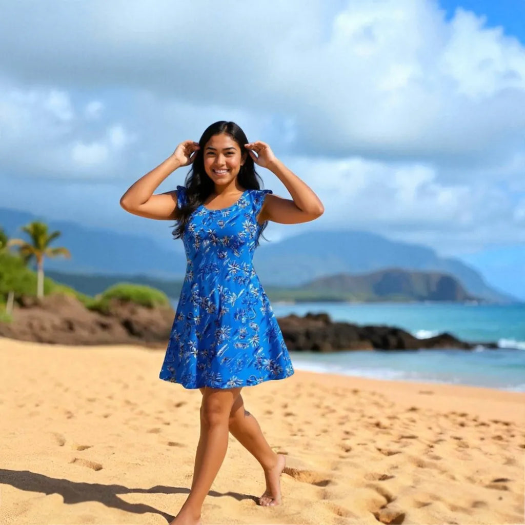 Blue XOXO Hawaiian Dress in Honolulu Fabric Design M / Blue