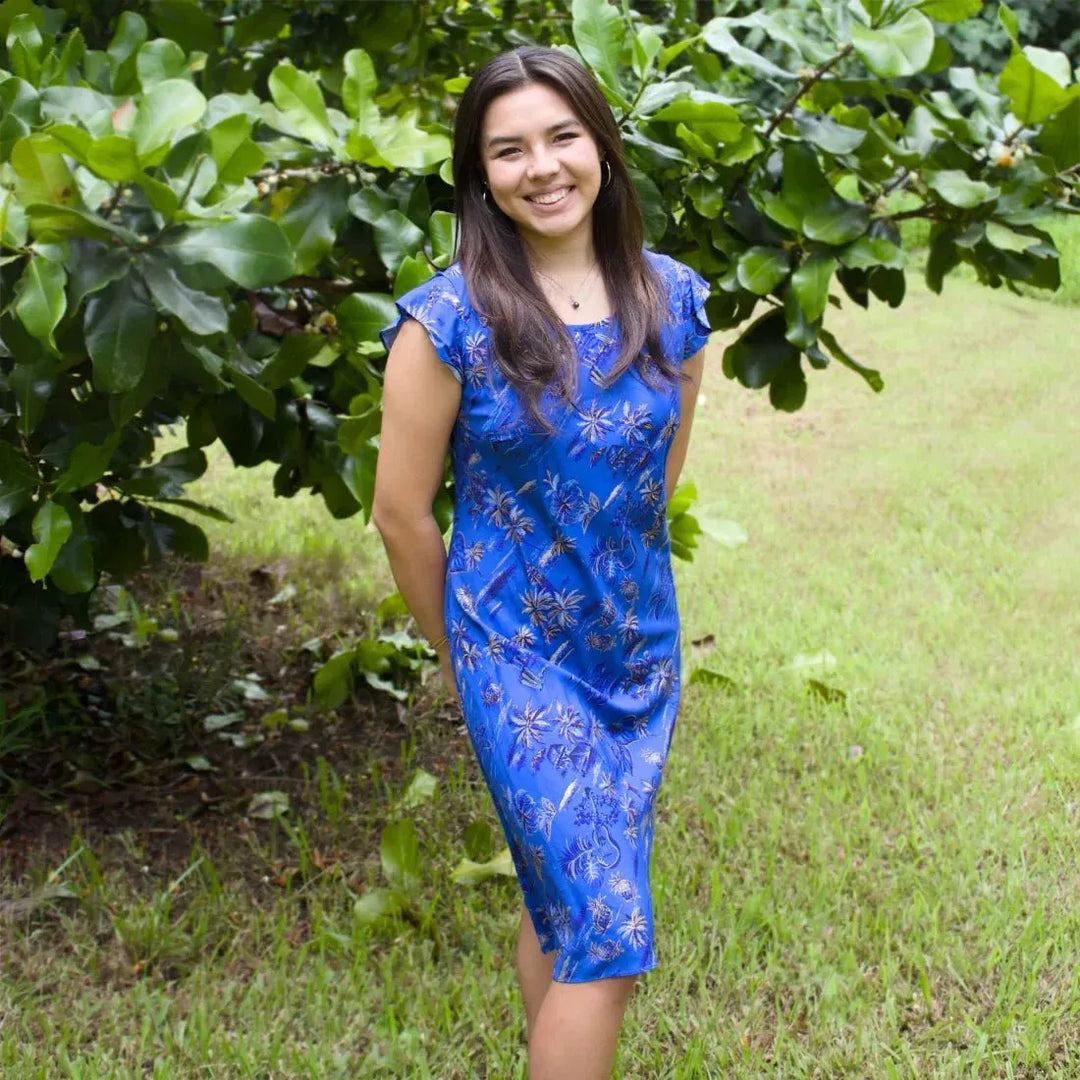 hawaiian dress designers Blue XOXO in Honolulu Fabric Design M / Blue Orchid Blast Red Cotton Hawaiian Tea Muumuu Dress features a yoked bodice and soft gathers in a stunning floral design Designer Keely Nakama of @for_simplesustainability