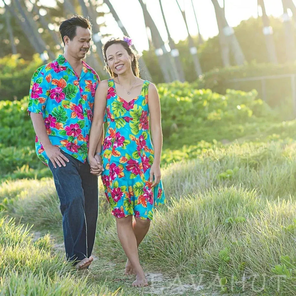 Hoopla Blue Hawaiian Rayon Shirt with Hibiscus Print S / Blue